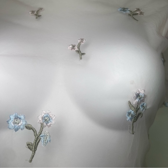 Forever 21 ShirtTops Large LightPink Embroidery Floral Sheer Croptop Puff Sleeve - Picture 7 of 12